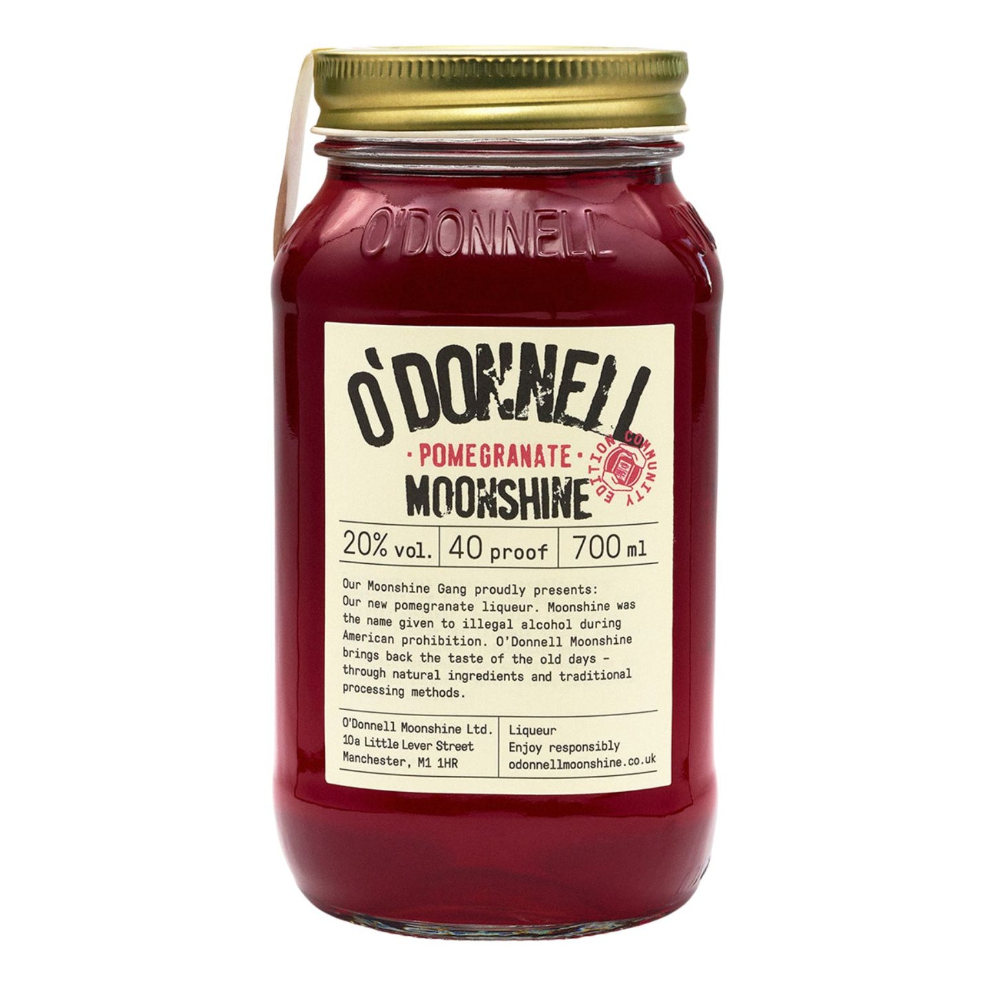O'Donnell Moonshine Pomegranate 700ml Pot op een witte achtergrond