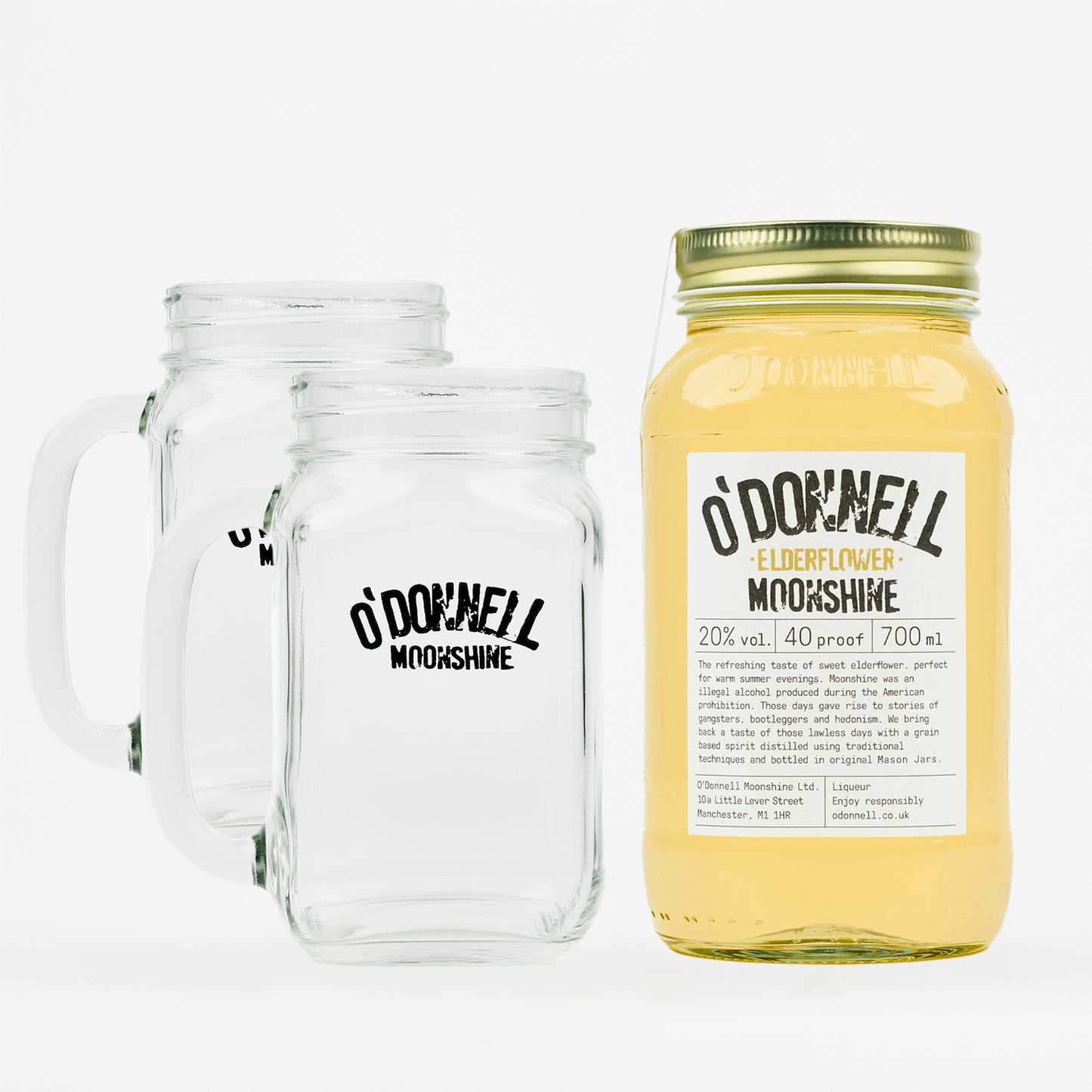 Een productafbeelding van de O'Donnell Moonshine 700 ml vlierbloesem in een Mason-pot (20% vol), verkocht als set van twee glazen.