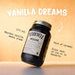 Vanilla Cream Moonshine 700 ml pot op een crèmekleurige achtergrond met de tekst: Vanilla Dreams, 17% vol, Bourbon vanille ontmoet room, vleugje karamel, puur, met ijs of in desserts te genieten.