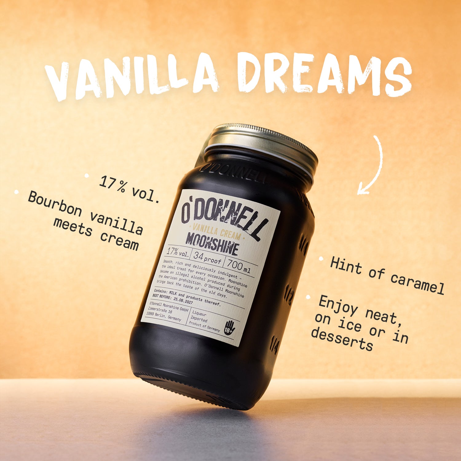 Vanilla Cream Moonshine 700 ml pot op een crèmekleurige achtergrond met de tekst: Vanilla Dreams, 17% vol, Bourbon vanille ontmoet room, vleugje karamel, puur, met ijs of in desserts te genieten.