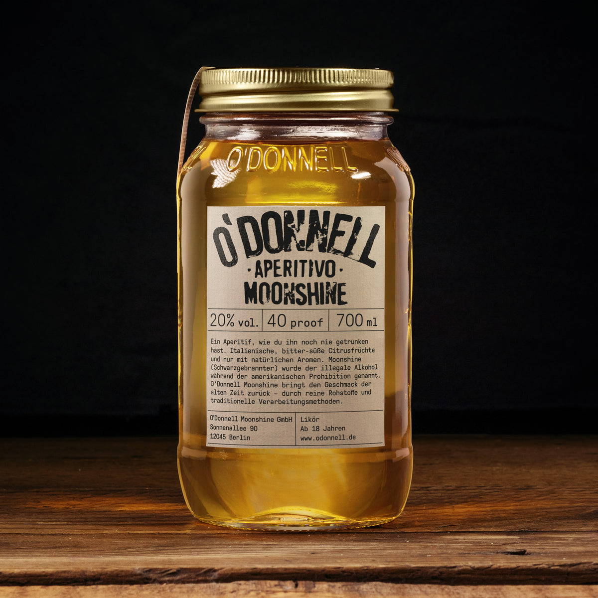 O’Donnell Moonshine Aperitivo 20% vol. in een 700ml Mason Jar – vooraanzicht (klassiek etiket)