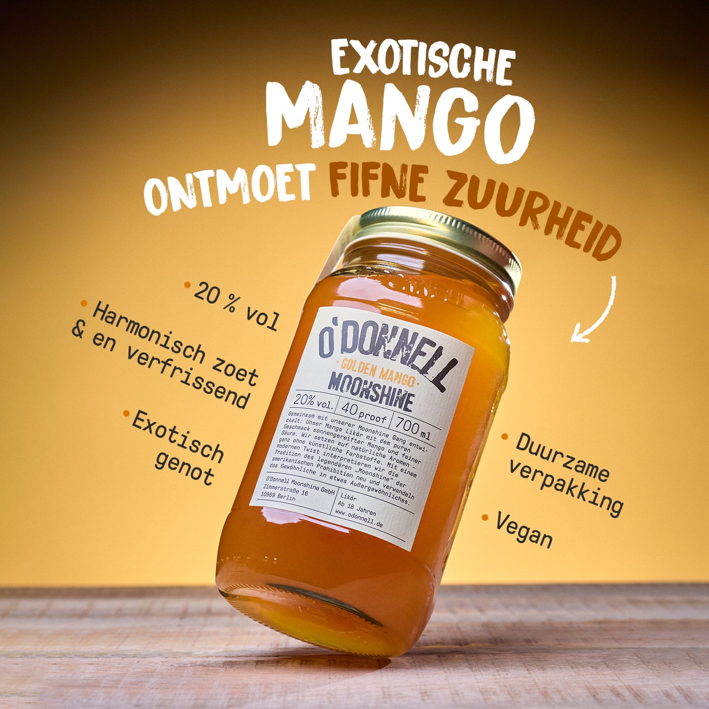 Een pot met de titel ‘Mango Liquor’ en USP's rondom geschreven met een koptekst.