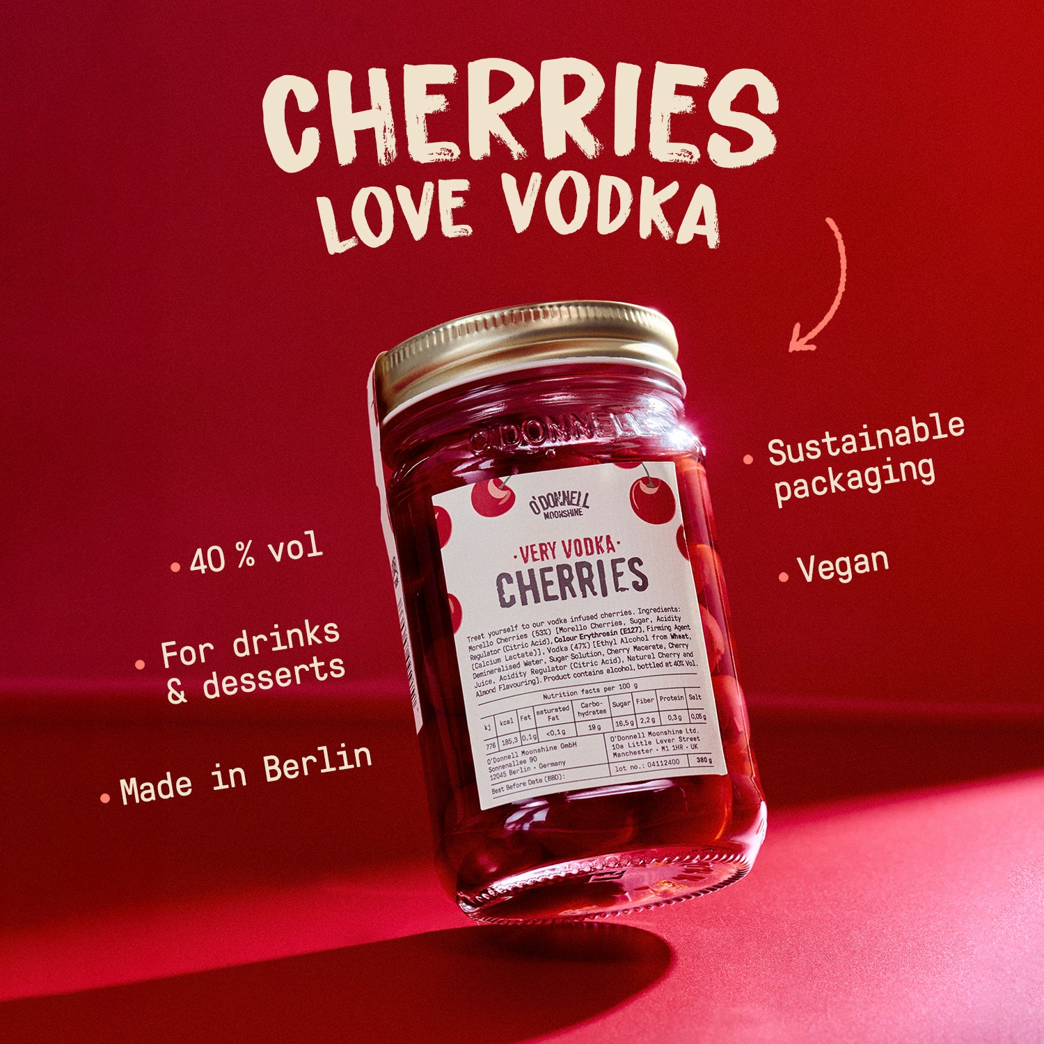 Pot O'Donnell Very Vodka Cherries op een rode achtergrond. Met tekst; Vegan, Duurzame verpakking, made in berlin, voor dranken en desserts, 40% vol.