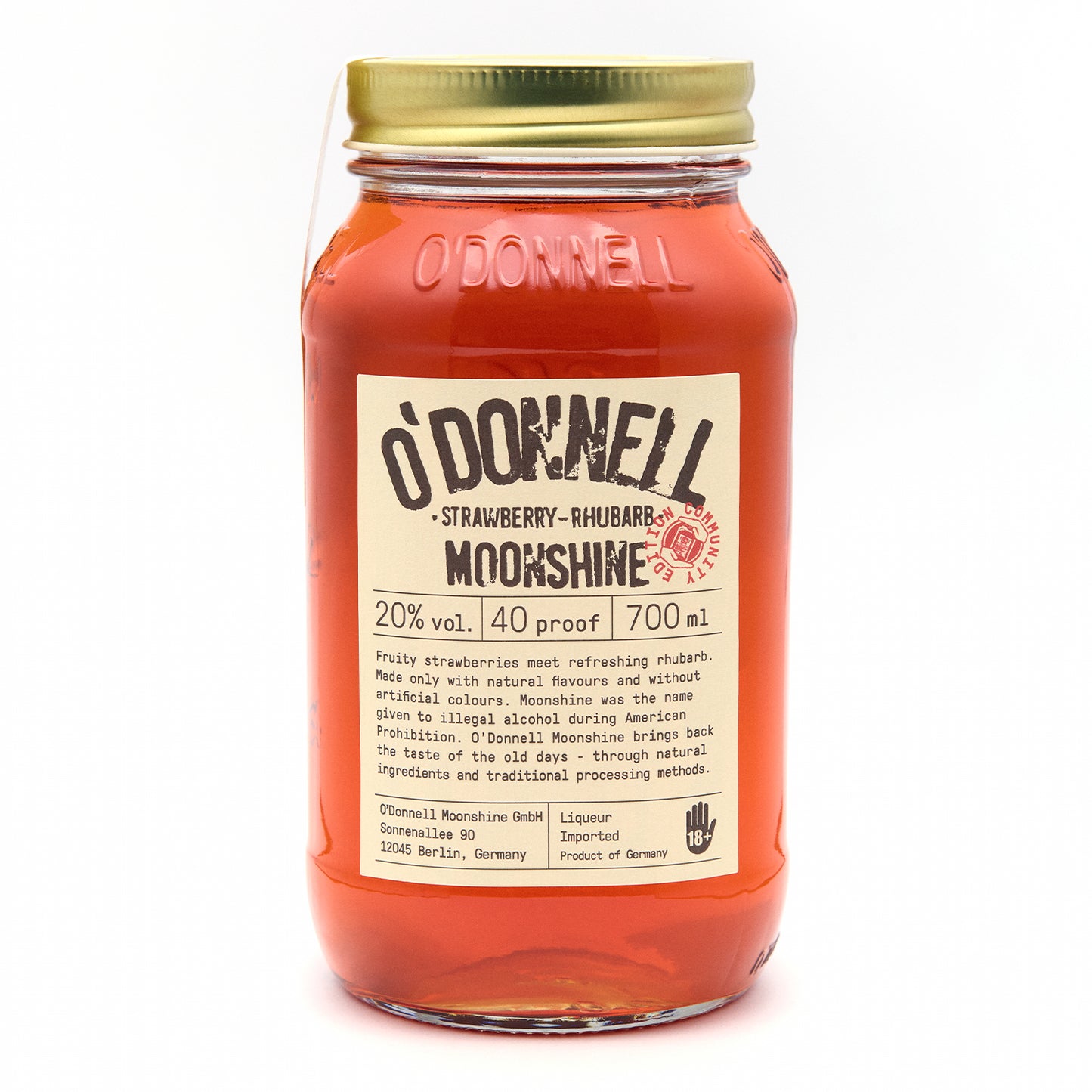 O'Donnell Strawberry Rhubarb 700ml Maneschijn op een witte achtergrond