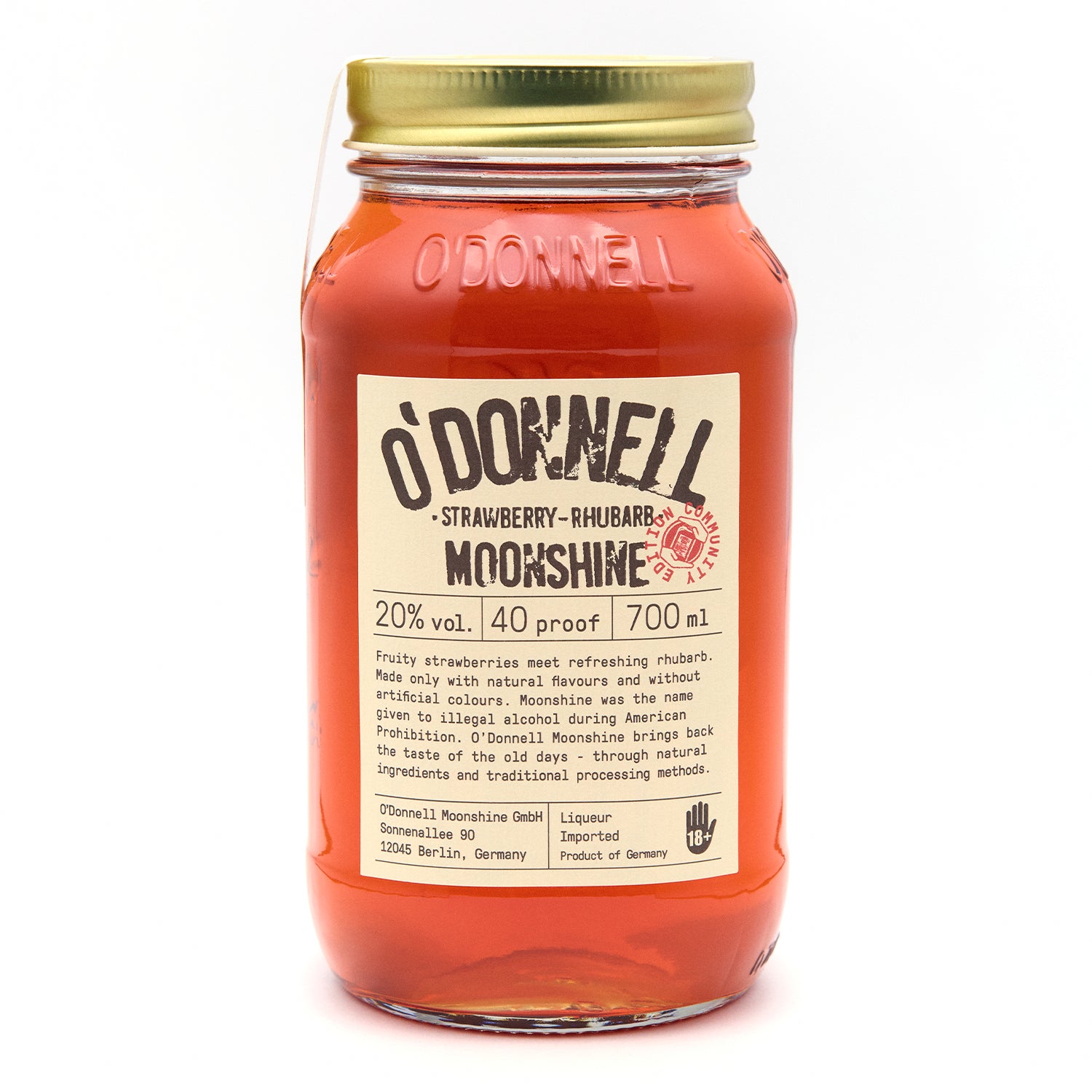 O'Donnell Strawberry Rhubarb 700ml Maneschijn op een witte achtergrond