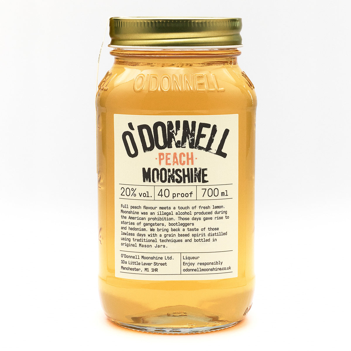 O'Donnell Moonshine Peach 700ml Pot op een witte achtergrond
