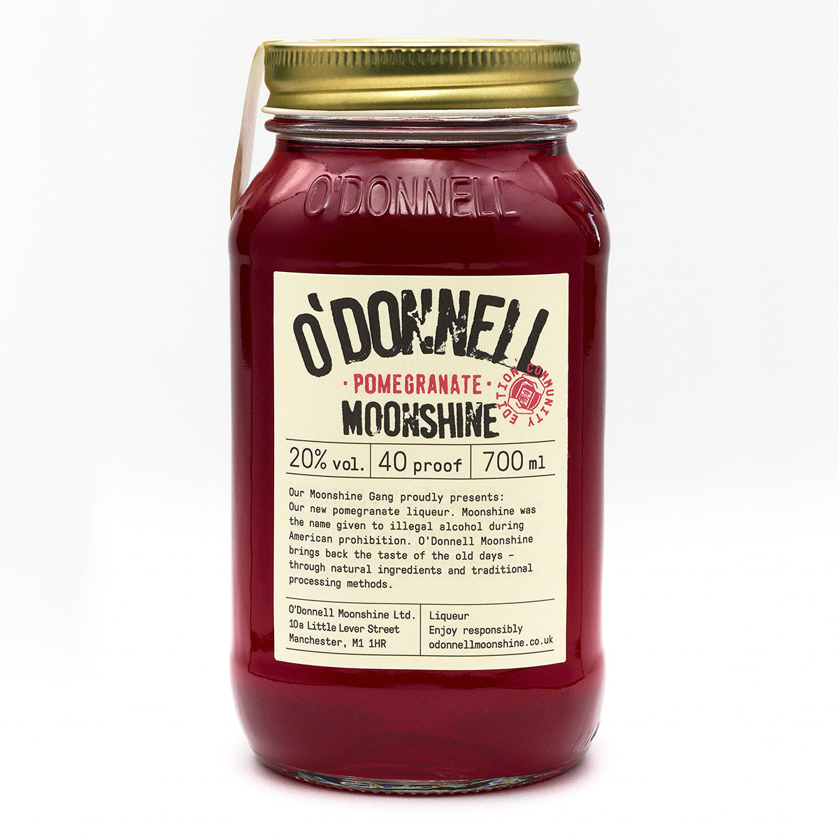 O'Donnell Moonshine Pomegranate 700ml Pot op een witte achtergrond