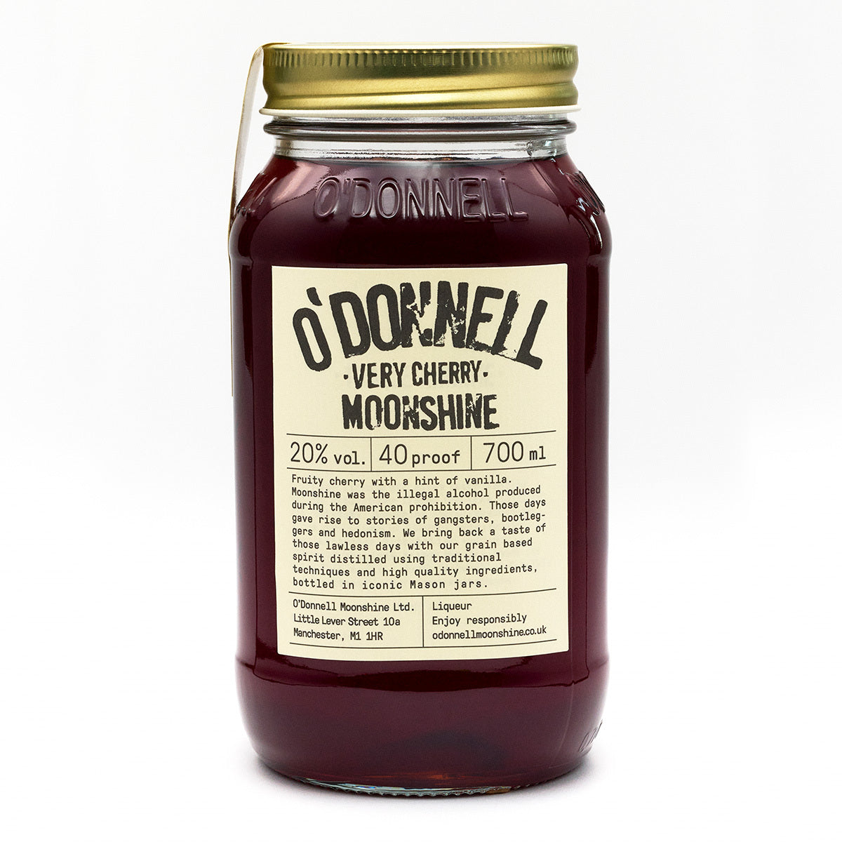 O'Donnell Moonshine Very Cherry 700ml Pot op een witte achtergrond