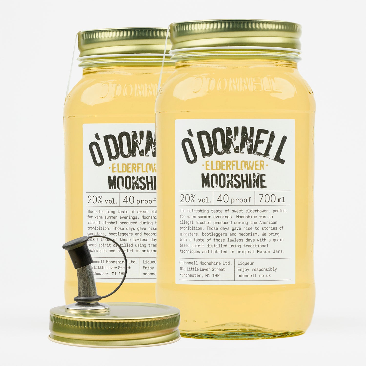 De O'Donnell Elderflower, bestaande uit twee likeuren en een schenktuit, wordt als set verkocht.