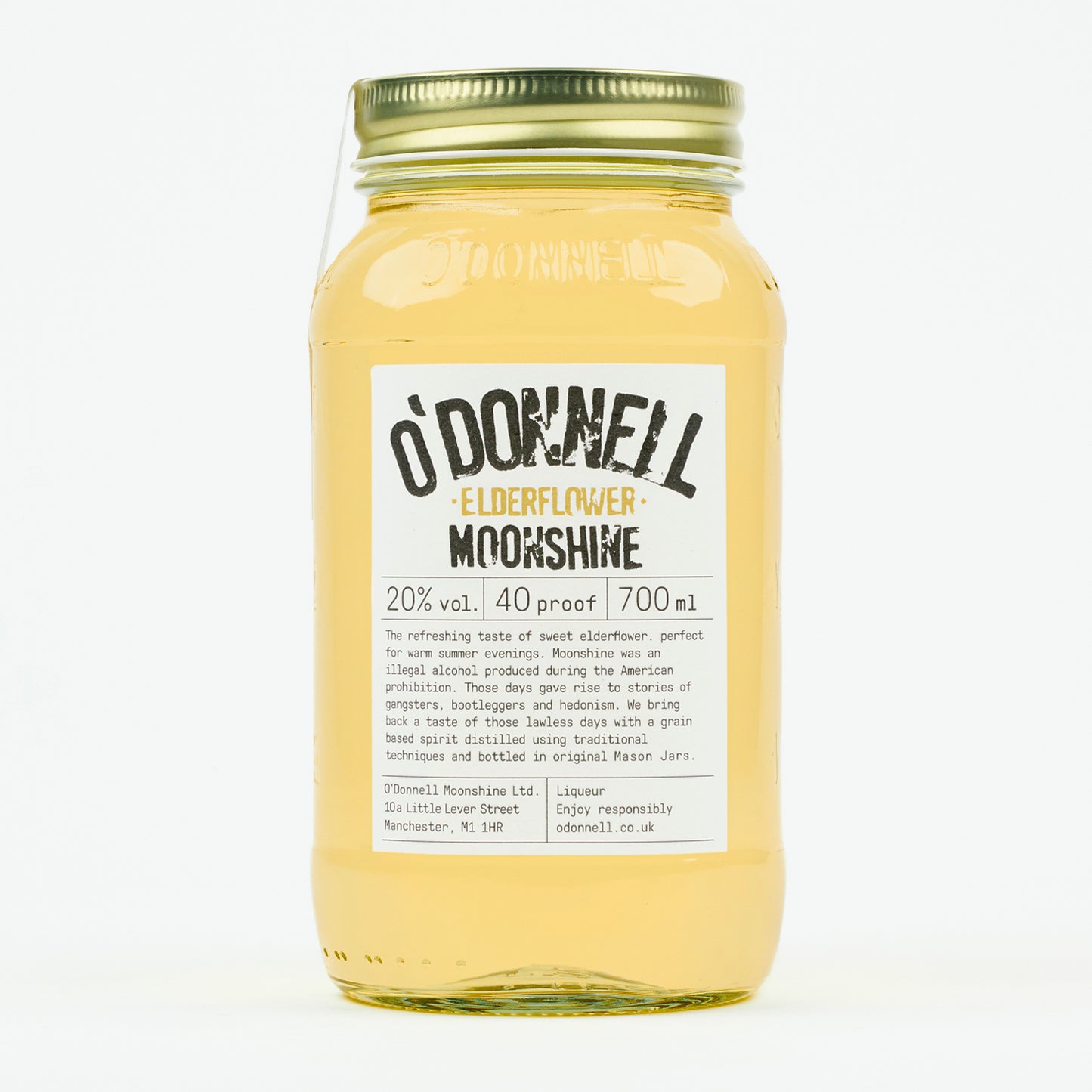 De productafbeelding van de O'Donnell Moonshine 700 ml in een Mason-pot met Elderflower, 20% vol.