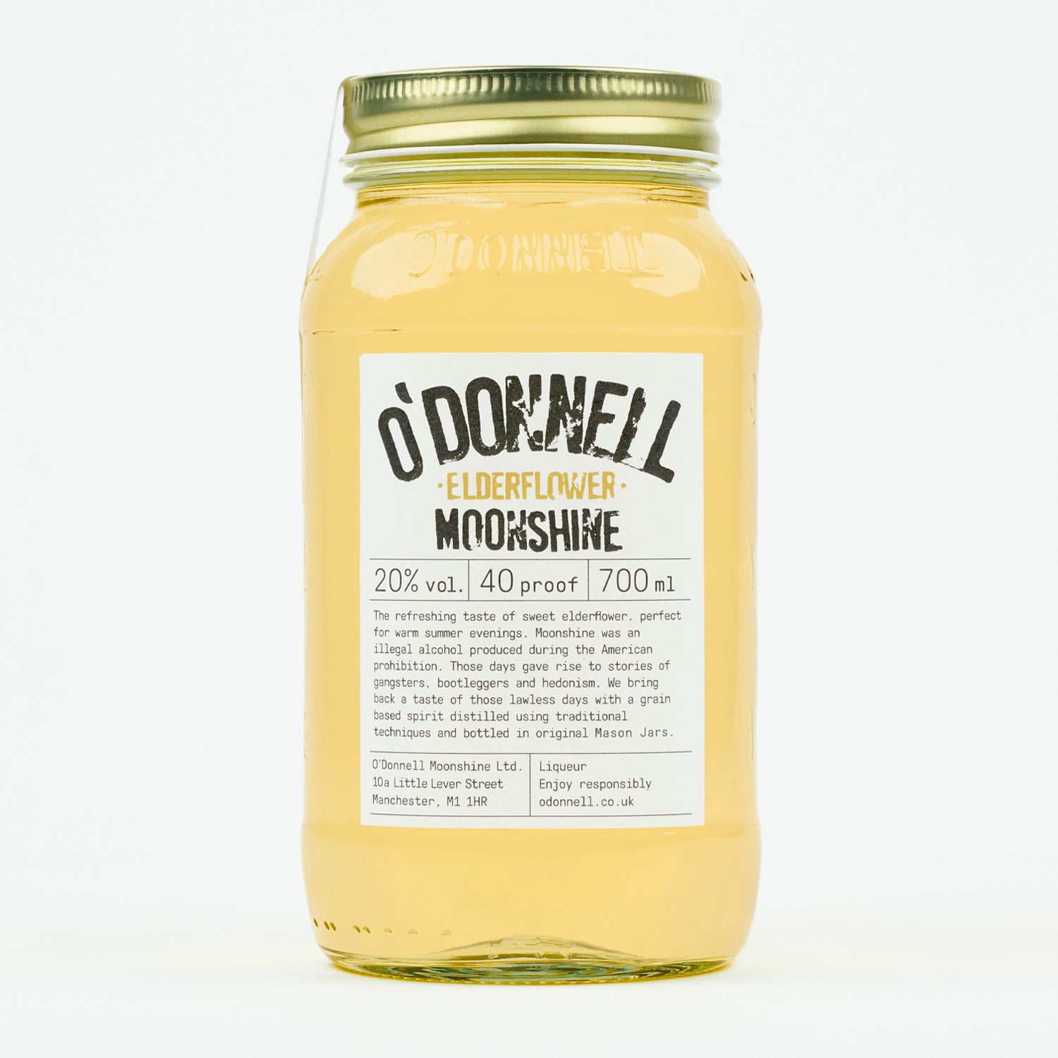 De productafbeelding van de O'Donnell Moonshine 700 ml in een Mason-pot met Elderflower, 20% vol.