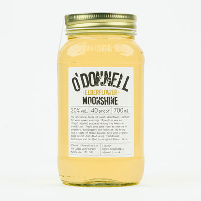 De productafbeelding van de O'Donnell Moonshine 700 ml in een Mason-pot met Elderflower, 20% vol.