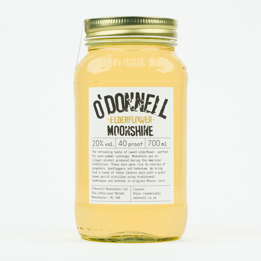 De productafbeelding van de O'Donnell Moonshine 700 ml in een Mason-pot met Elderflower, 20% vol.