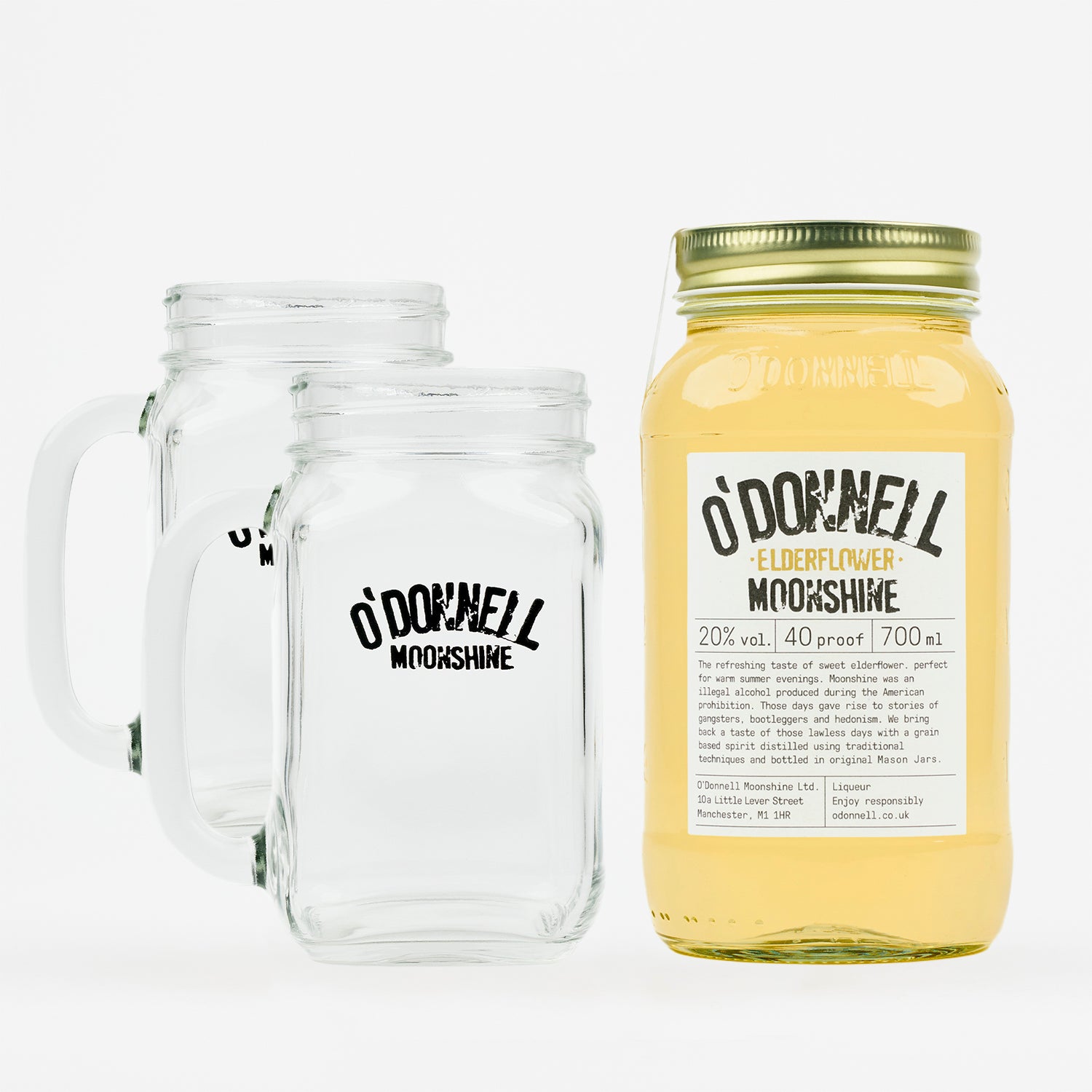 Een productafbeelding van de O'Donnell Moonshine 700 ml vlierbloesem in een Mason-pot (20% vol), verkocht als set van twee glazen.
