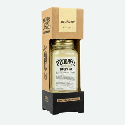 De productafbeelding van de O'Donnell Moonshine 700 ml in een Mason-pot met vlierbloesem, 20% vol.