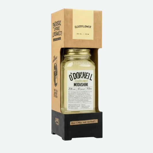 De productafbeelding van de O'Donnell Moonshine 700 ml in een Mason-pot met vlierbloesem, 20% vol.