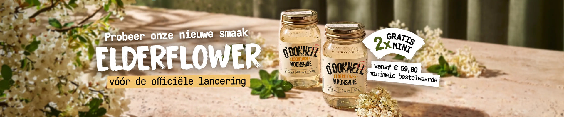 Twee kleine O'Donnell Moonshine vlierbloesem miniglazen staan te midden van witte vlierbloesem in het warme zonlicht.